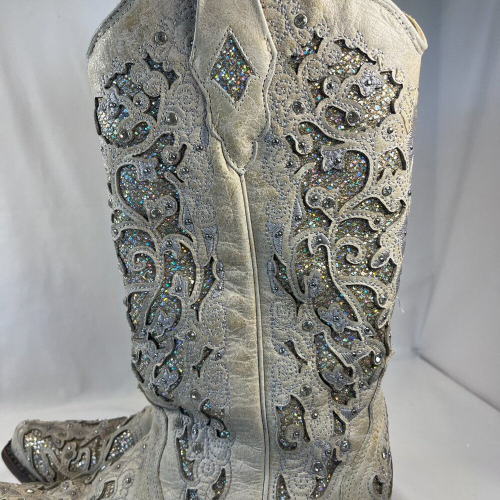 WOMEN'S WHITE GLITTERED INLAY AND CRYSTALS SNIP COWBOY BOOT 9M - Picture 9 of 16